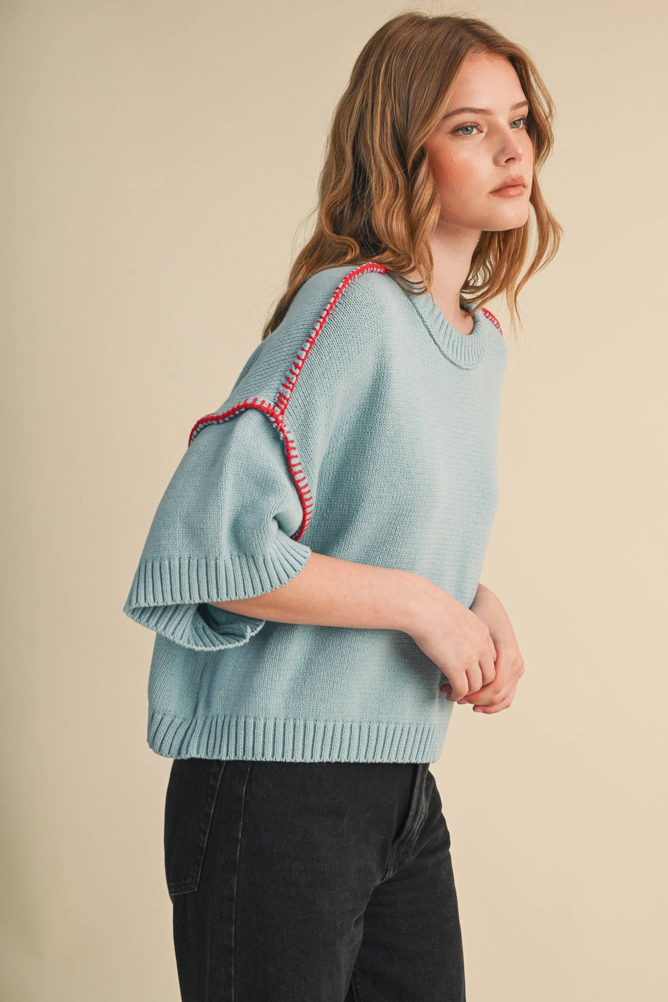 Lori Short Sleeve Blanket Stitch Sweater