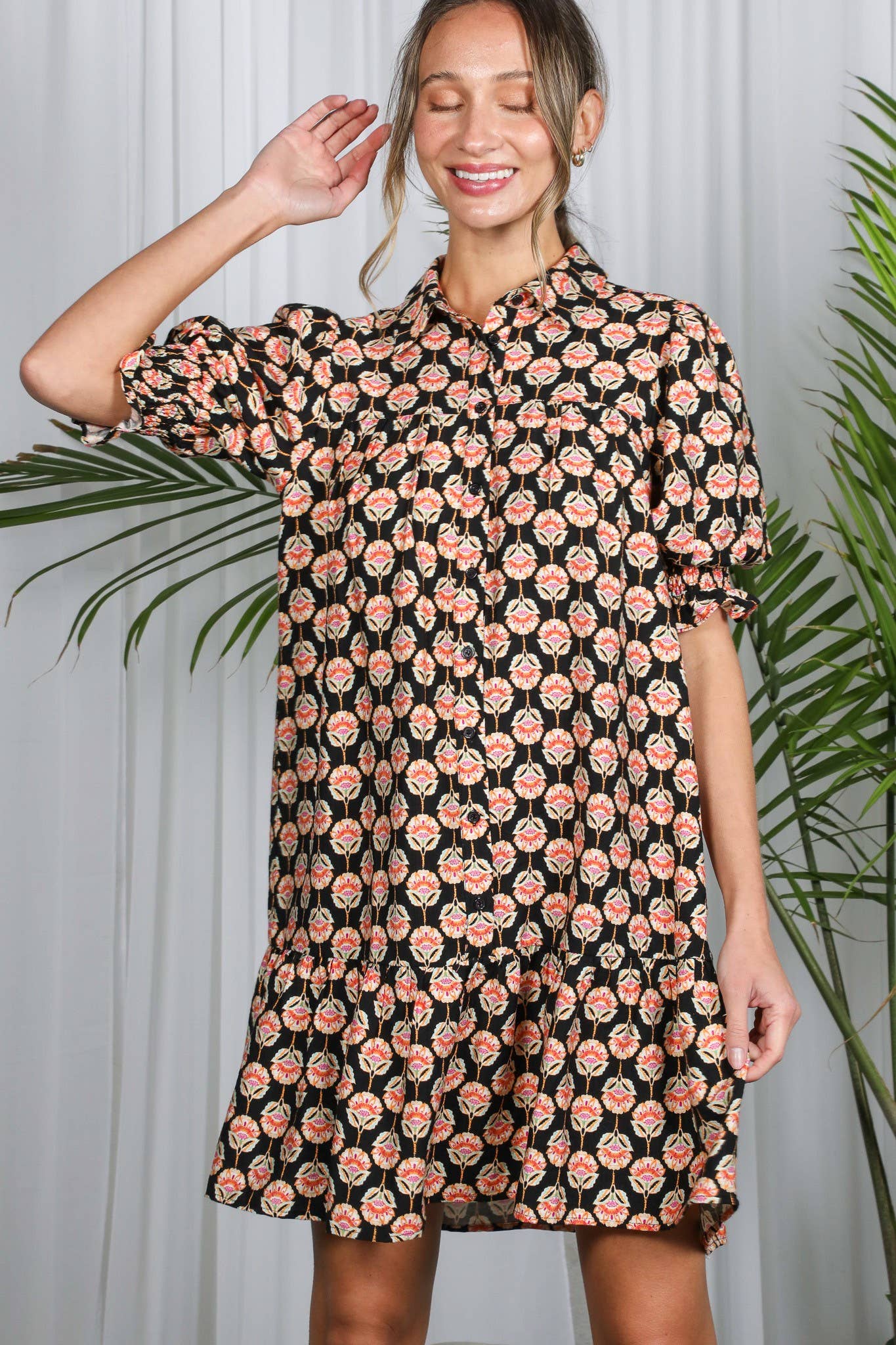 Floral Geo Smocked Ruffled Shirt Dress