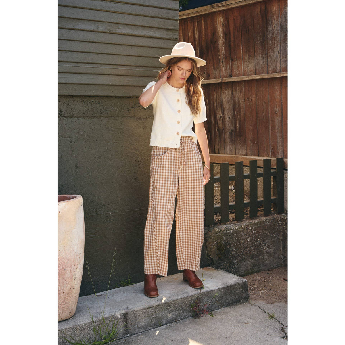 Easy Day Relaxed Gingham Cotton Barrel Leg Pants