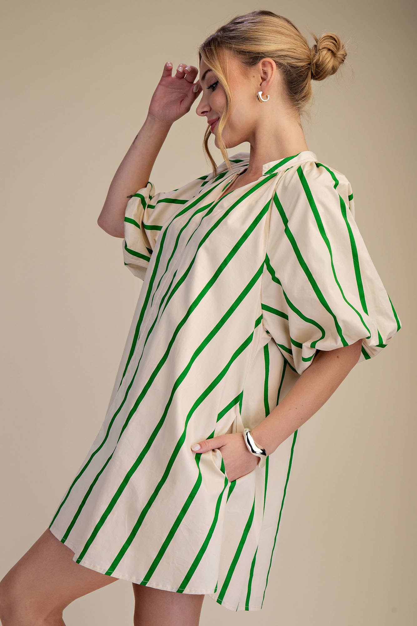 Riza Puff-Sleeve Stripe Swing Shift Dress