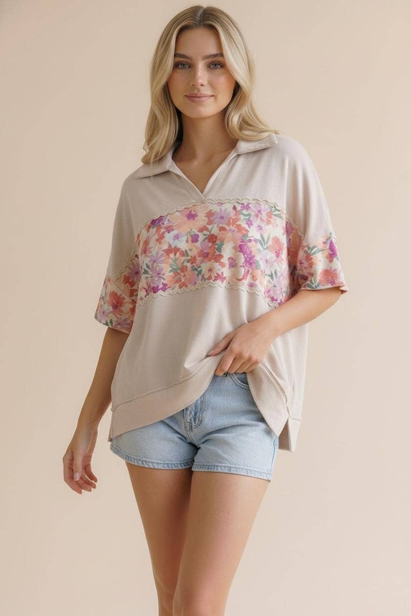 Floral Color Block Ric Rac Plus Top