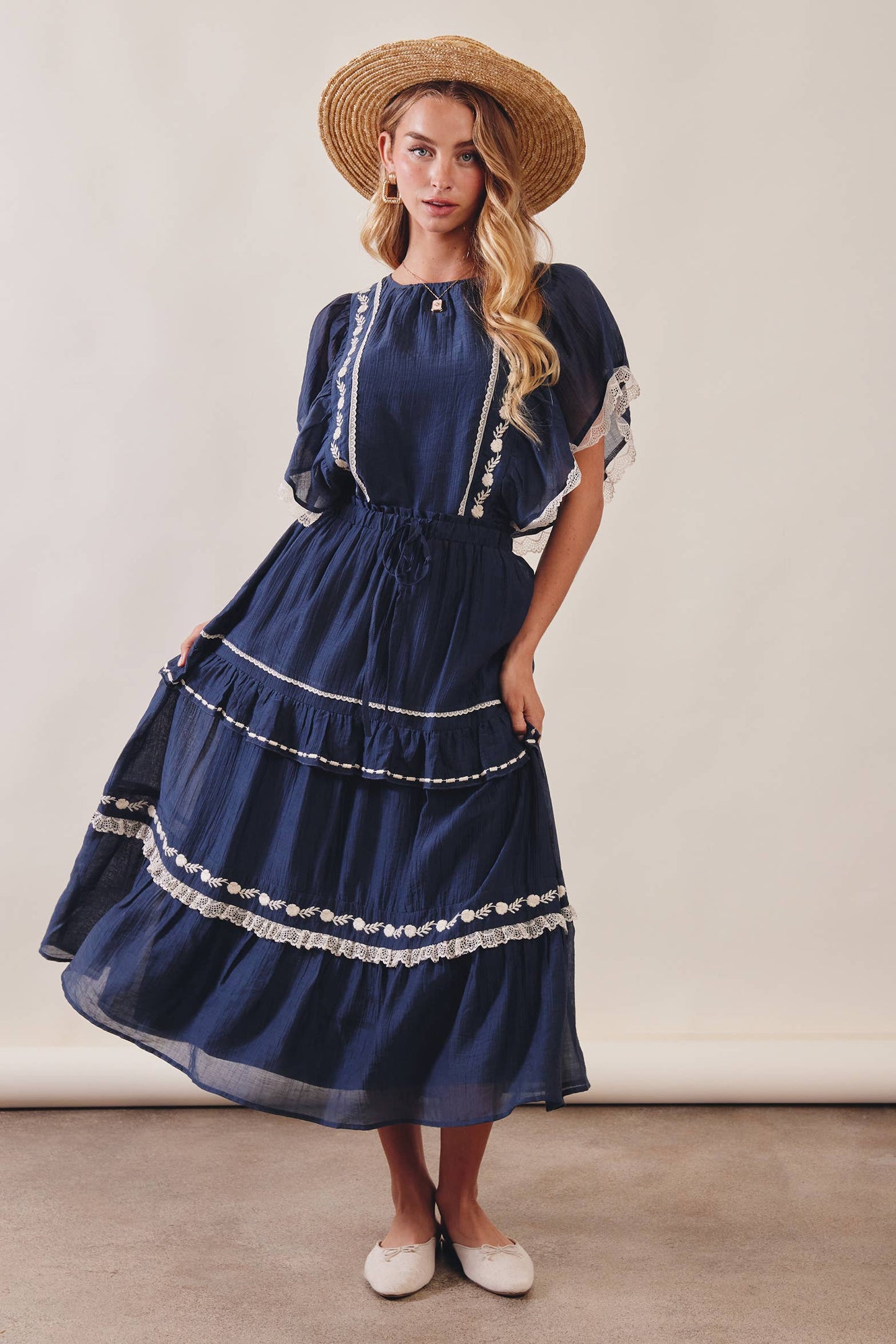 The Lace Trimmed Embroidered Tiered Maxi Skirt