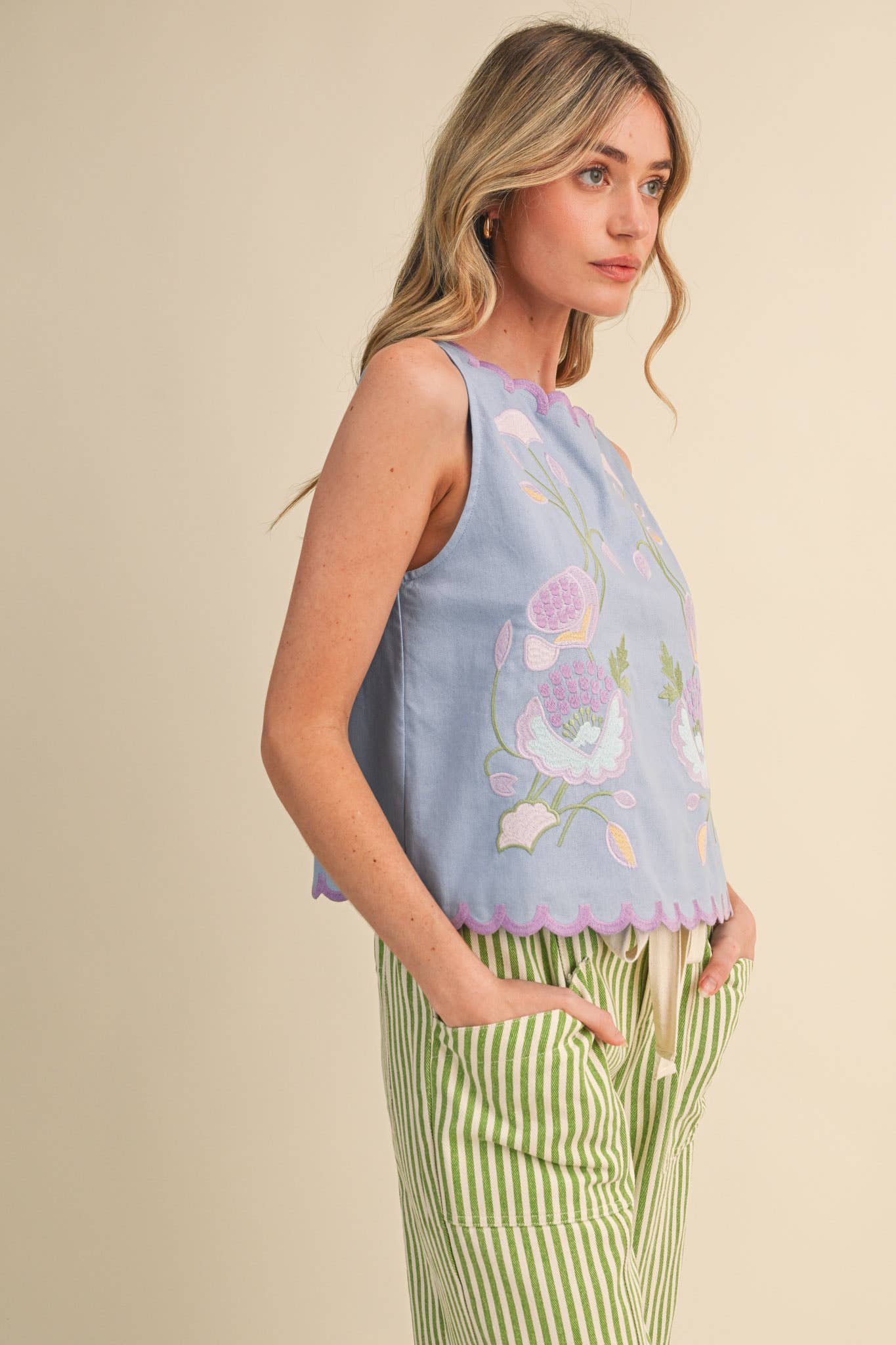 Maddi Floral Embroidery Scalloped Tank