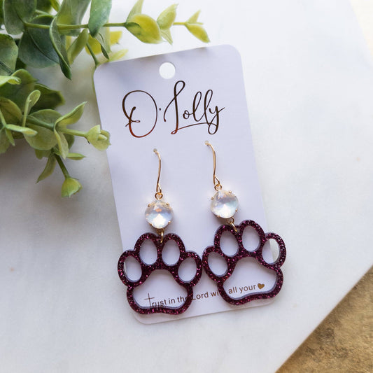 Glitter Maroon Acrylic Paw Print w/White Stone Earrings