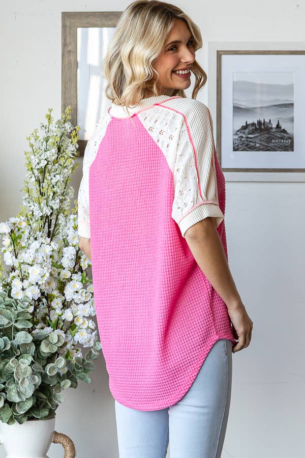 Dawn Color Block Waffle Knit Lace Detail Plus Top - Milly's Boutique