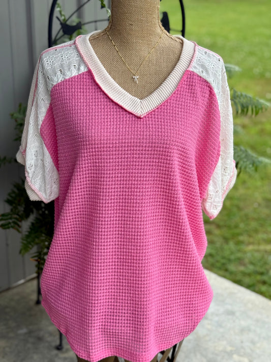 Dawn Color Block Waffle Knit Lace Detail Plus Top - Milly's Boutique