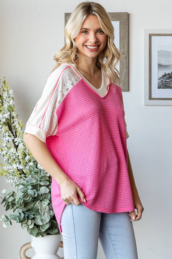 Dawn Color Block Waffle Knit Lace Detail Plus Top - Milly's Boutique
