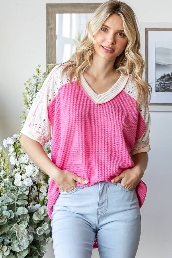 Dawn Color Block Waffle Knit Lace Detail Plus Top - Milly's Boutique