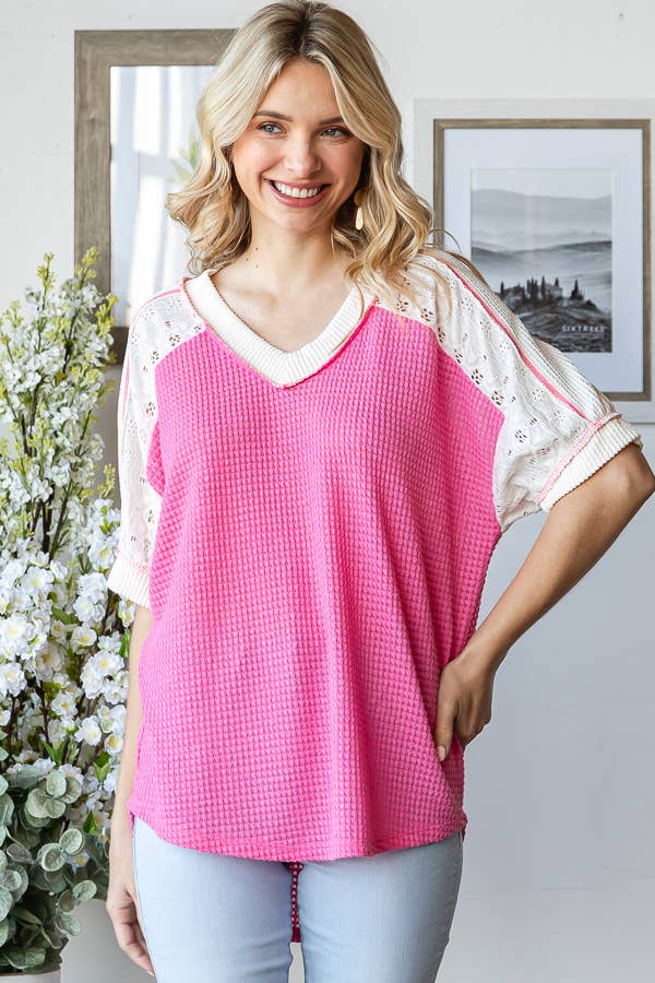 Dawn Color Block Waffle Knit Lace Detail Plus Top - Milly's Boutique