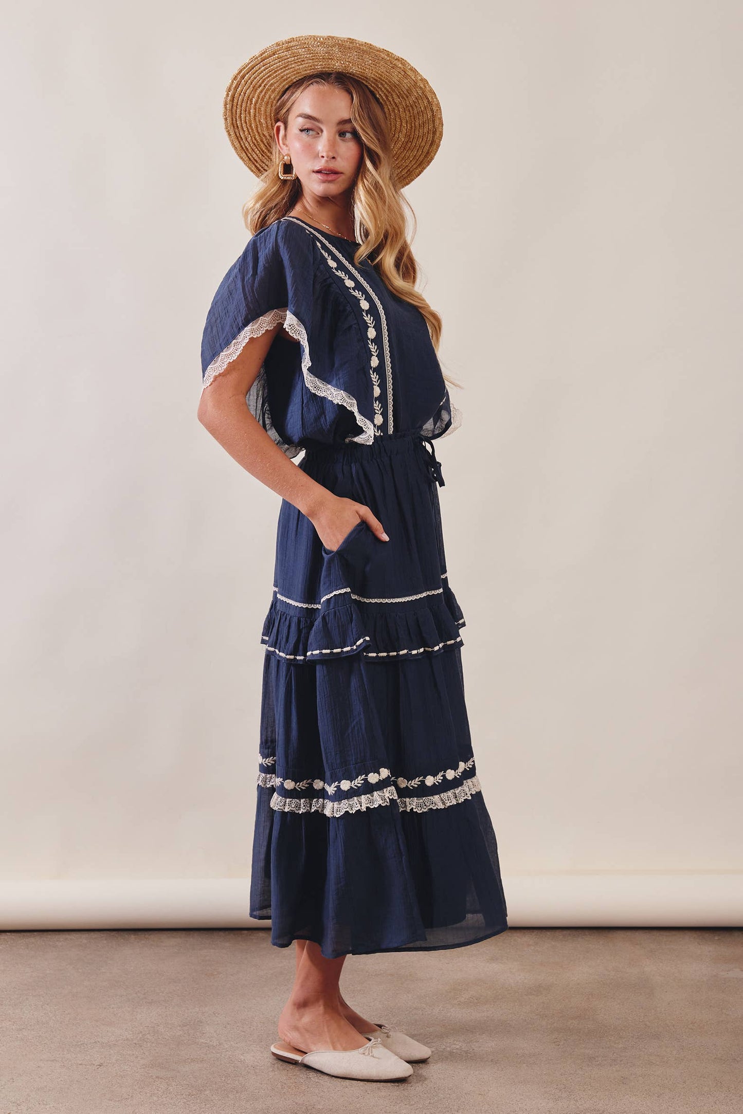 The Lace Trimmed Embroidered Tiered Maxi Skirt