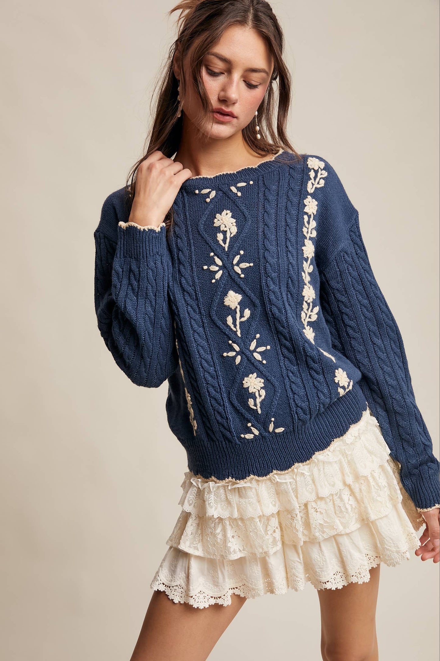 Haddy Floral Embroidered Cable Sweater