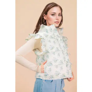 Floral Bow Ruffle Sleeve Puffer Vest