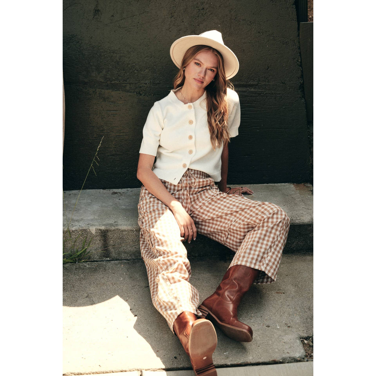 Easy Day Relaxed Gingham Cotton Barrel Leg Pants