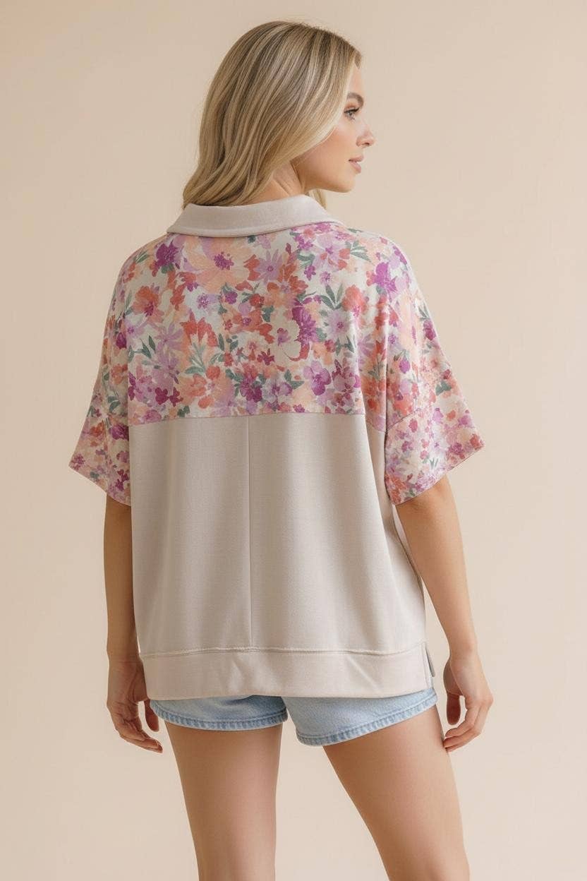 Floral Color Block Ric Rac Plus Top