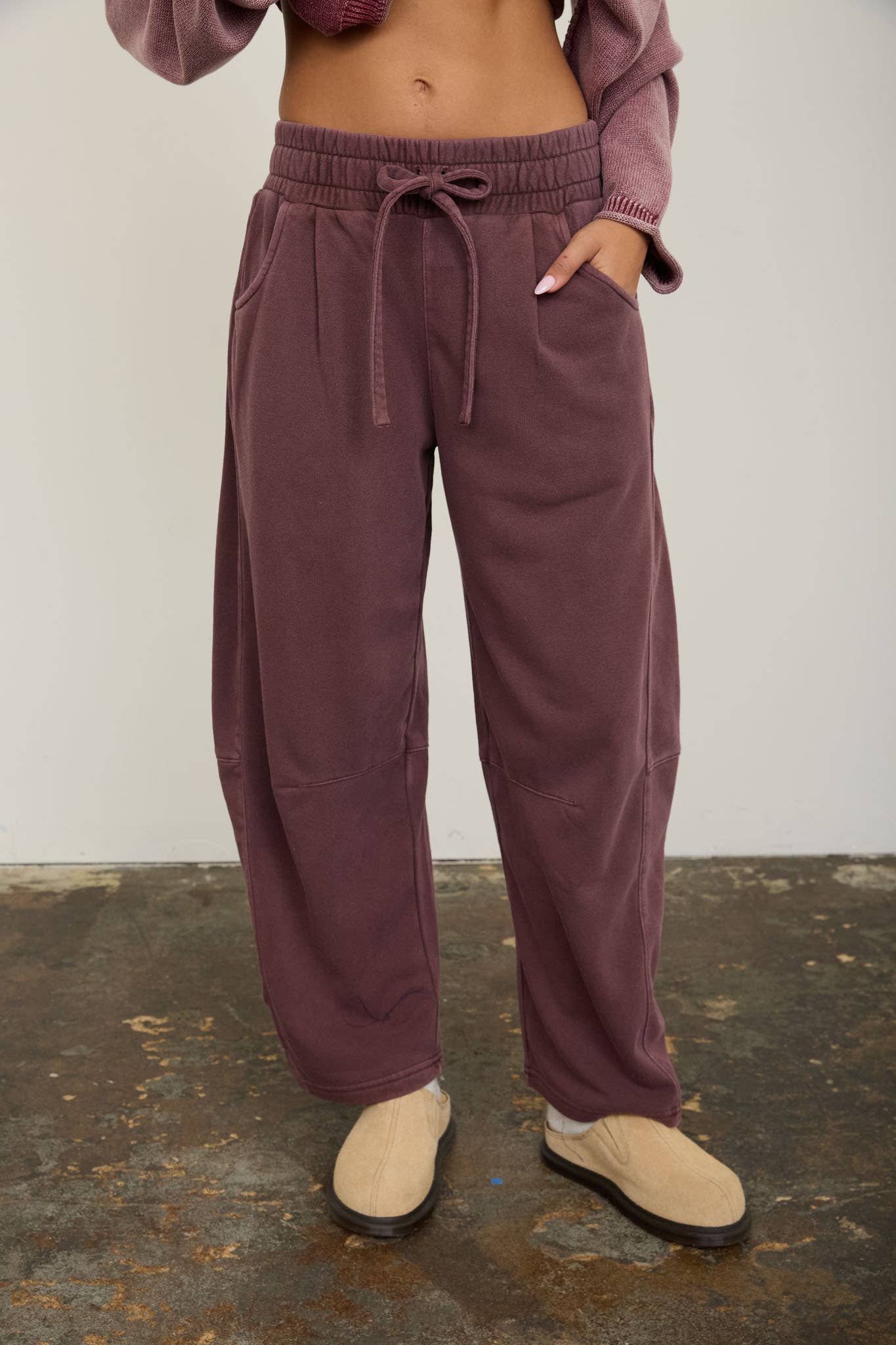 Smocked Waist Drawstring Barrel-Leg Sweatpants