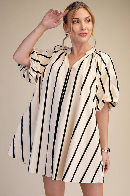 Riza Puff-Sleeve Stripe Swing Shift Dress
