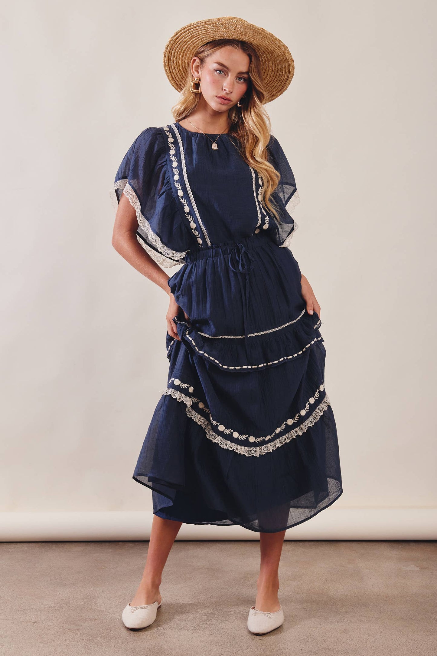 The Lace Trimmed Embroidered Tiered Maxi Skirt