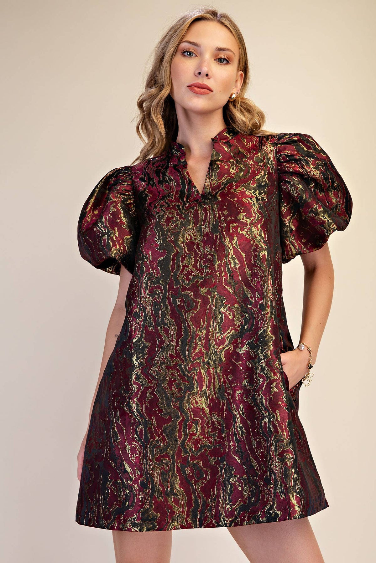 Metallic Jacquard Puff Sleeve Dress