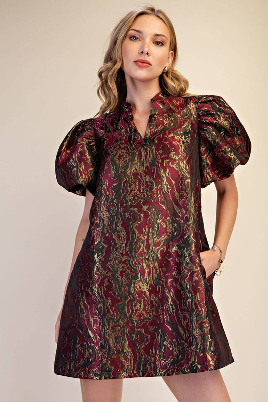Metallic Jacquard Puff Sleeve Dress