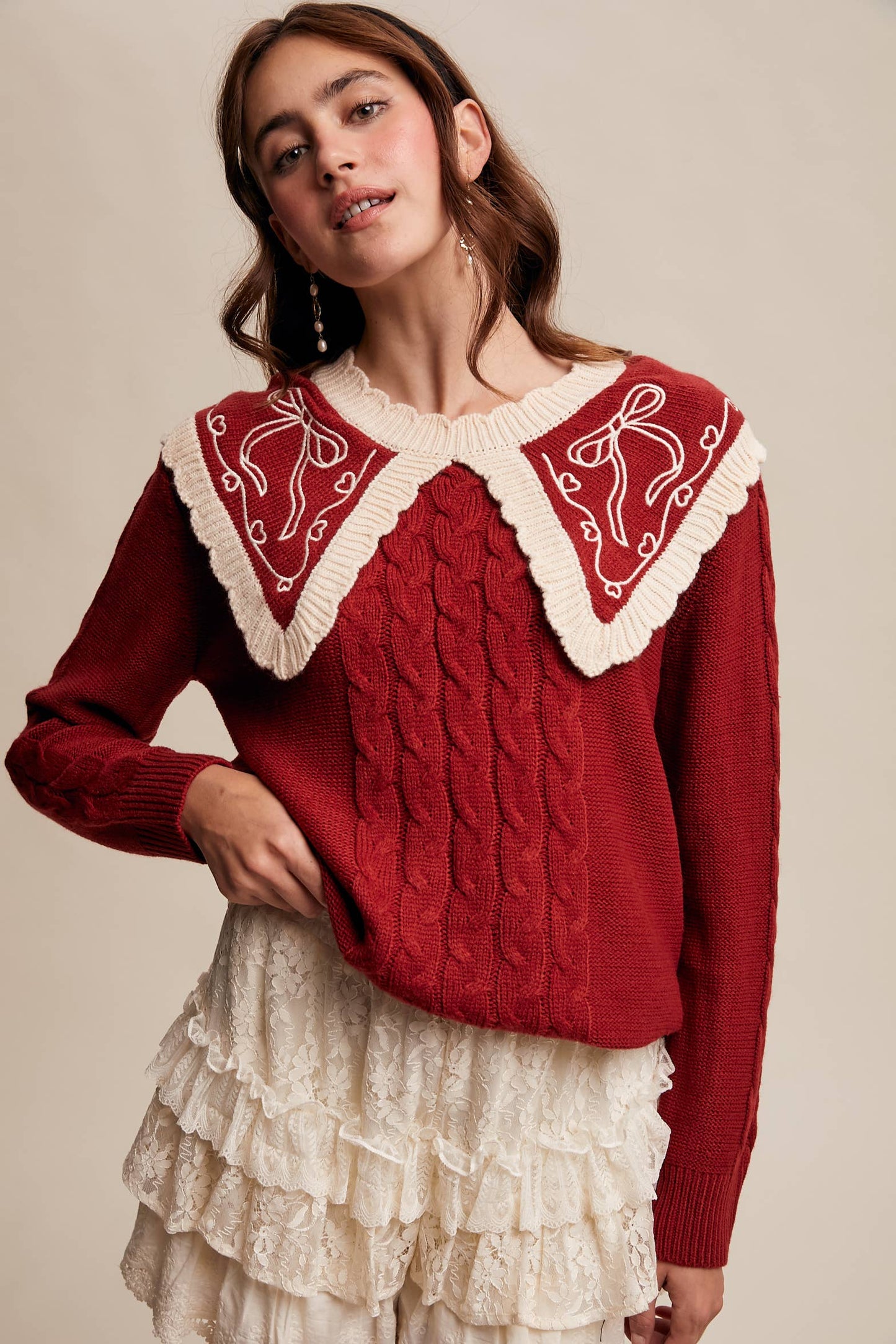 Bow Embroidered Cable Sweater