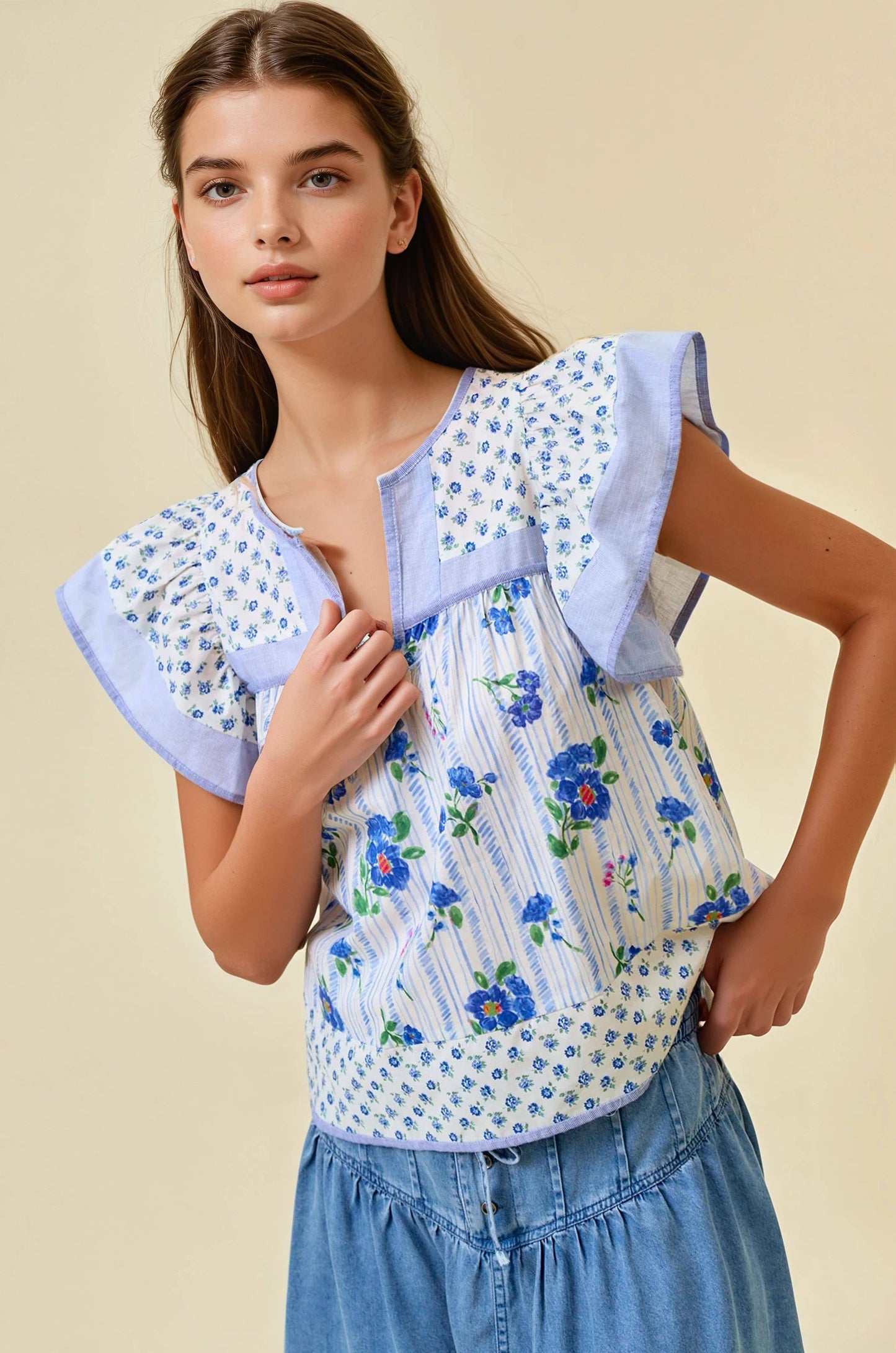 Heidi Mixed Print Flutter Sleeve Top