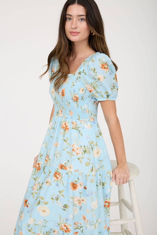 Jacie Floral Smocked Puff Sleeve Midi