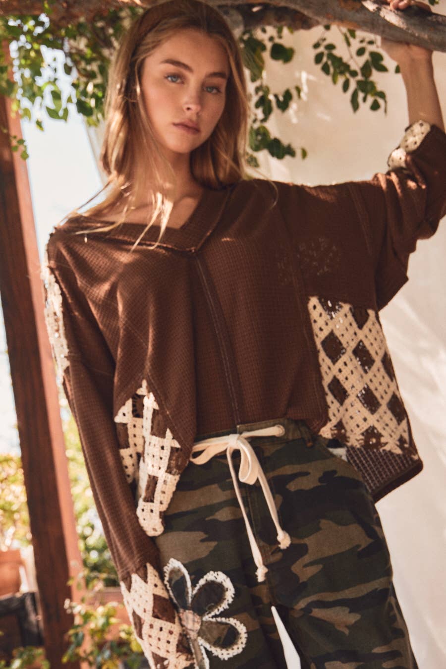 Patchwork Crochet Sleeve Waffle Knit