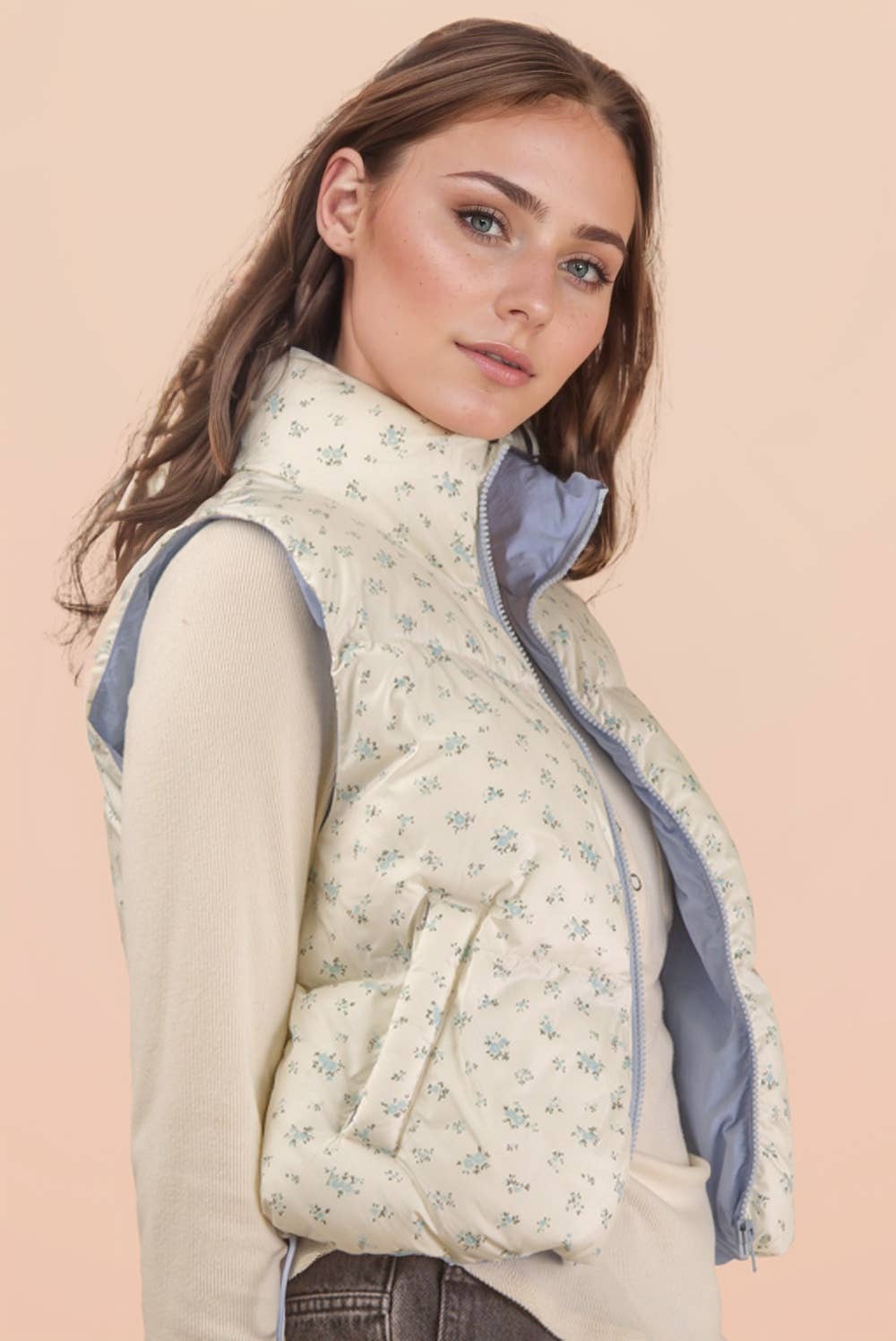 Floral Printed Cropped Puffer Vest