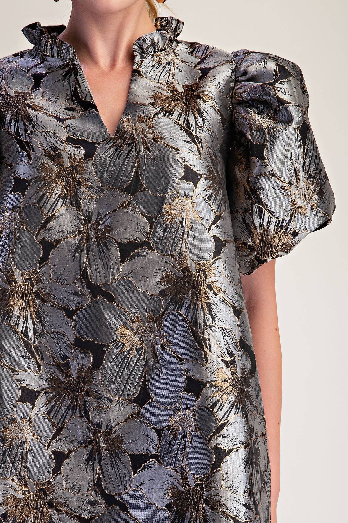 Metallic Jacquard Puff Sleeve Mini Dress