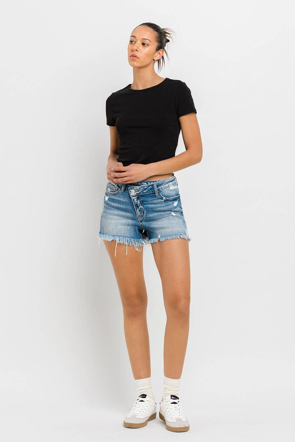 High Rise Distressed Criss Cross Shorts