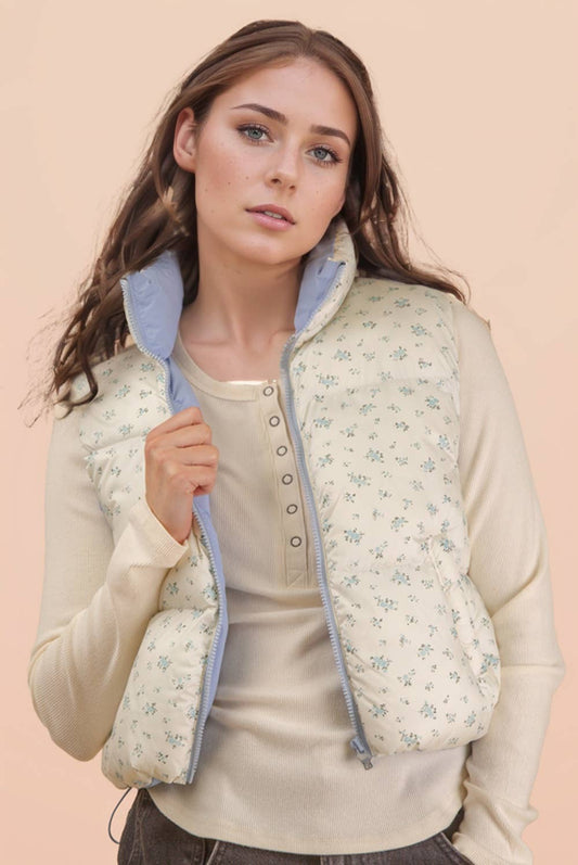 Floral Printed Cropped Puffer Vest