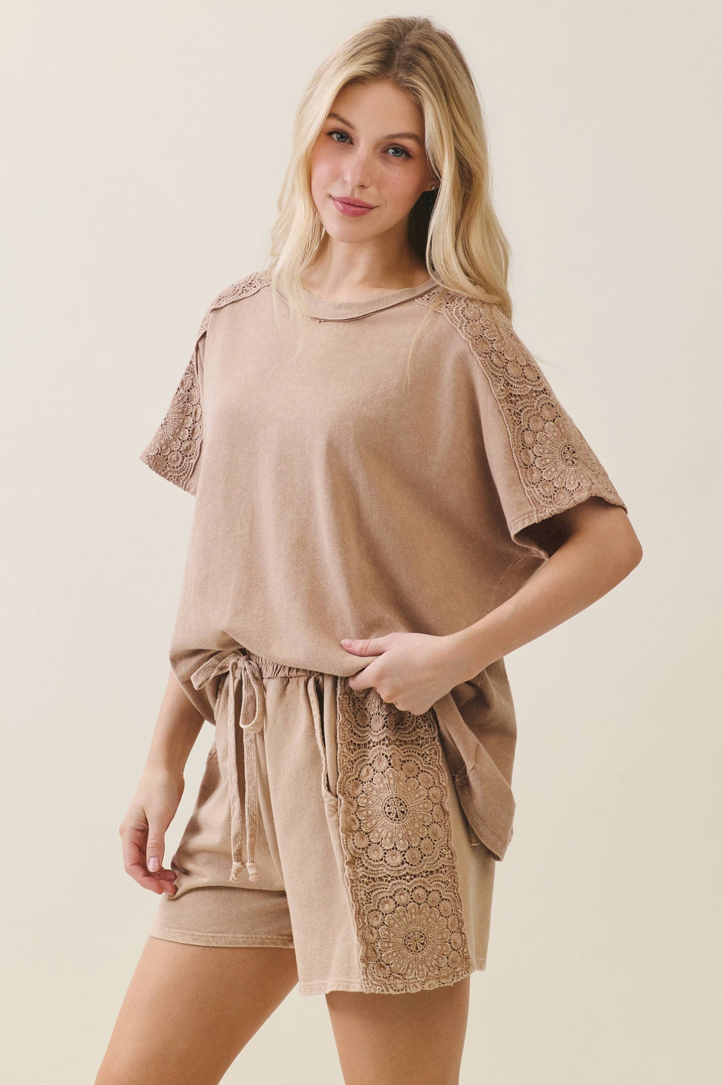 Mineral Washed Boho Trim Shorts