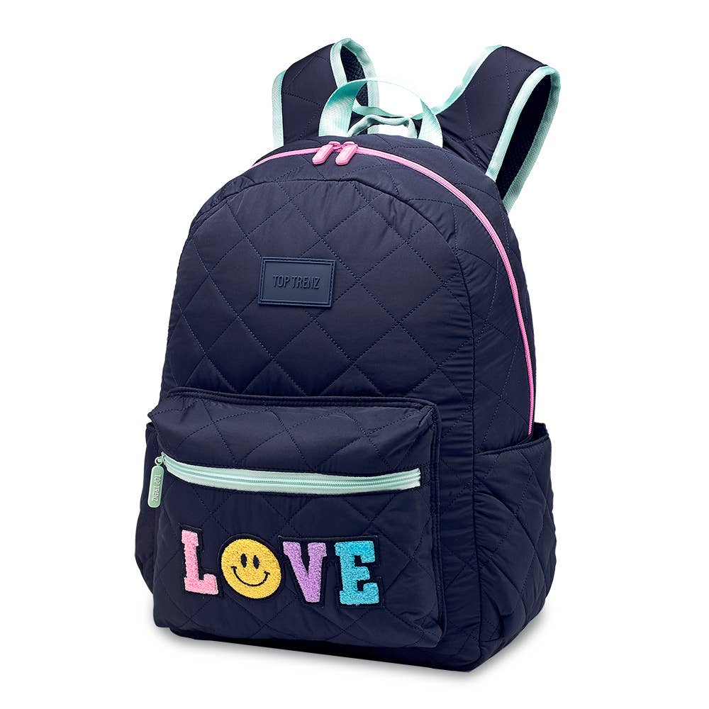 Navy Puffer Backpack with Love Patch