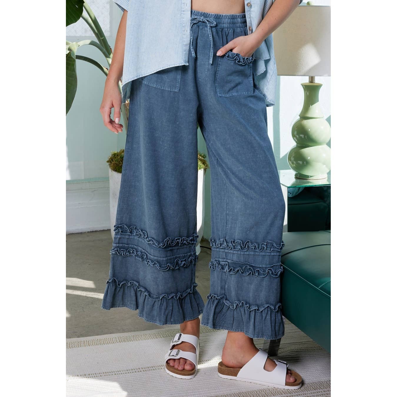 Ruffle Trim Wide Leg Pant