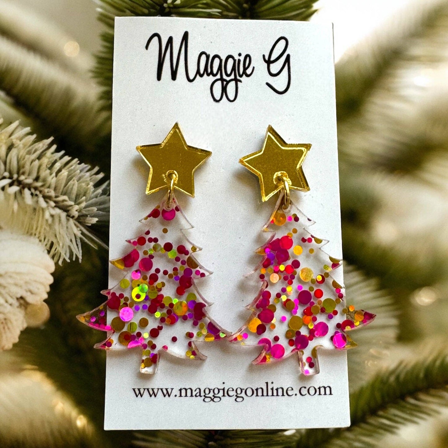 Christmas Tree Earrings Pink & Gold Glitter