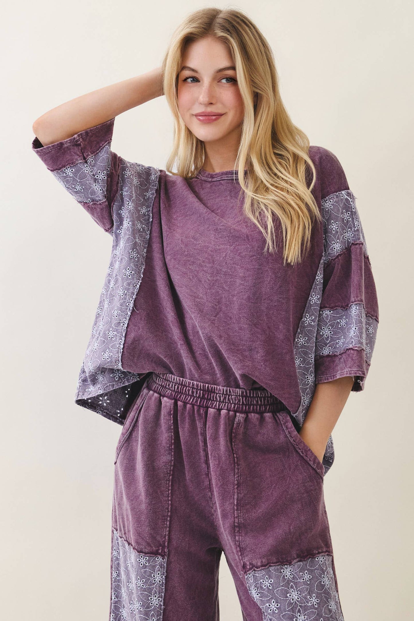 Mineral Washed Eyelet Lace Top