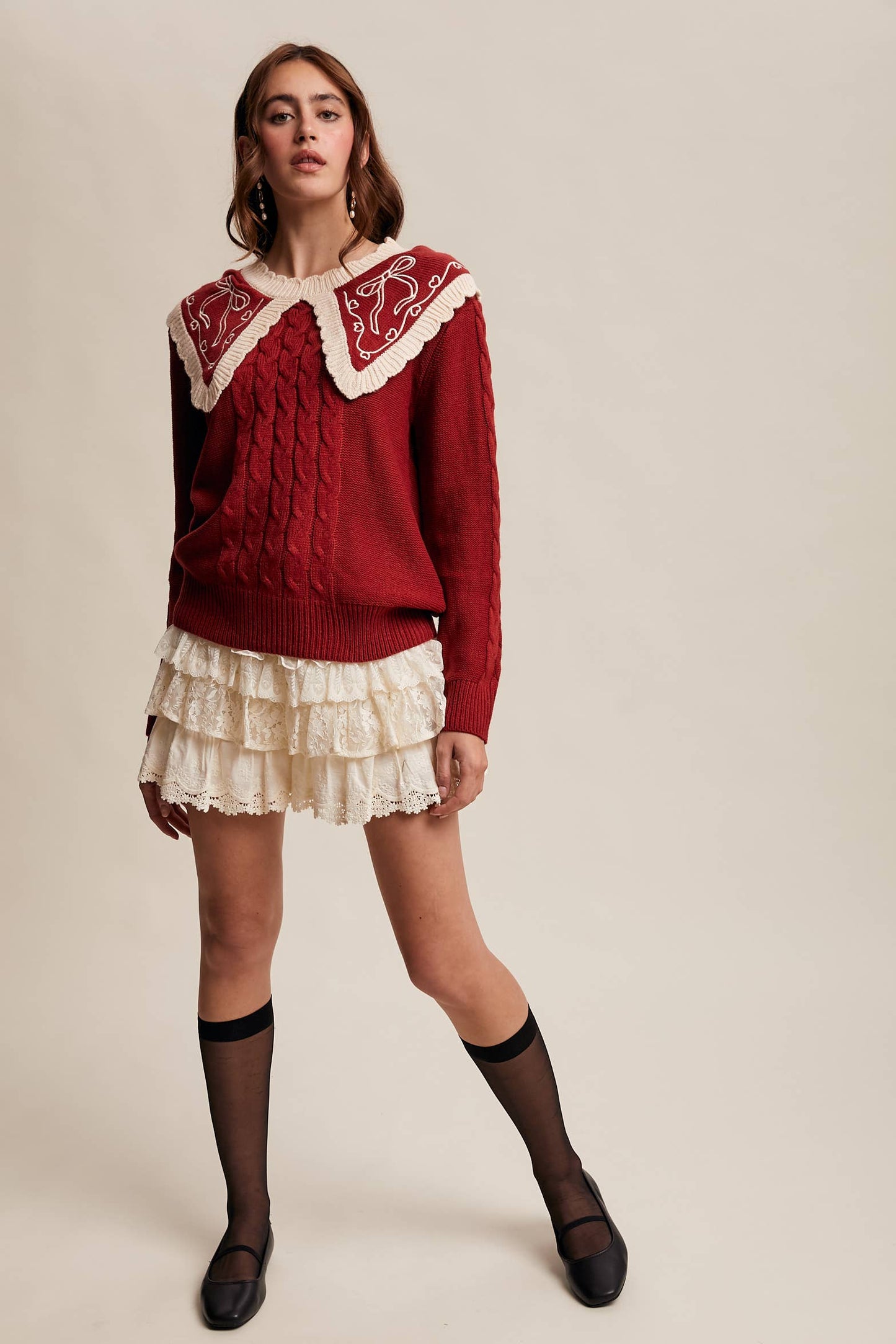 Bow Embroidered Cable Sweater