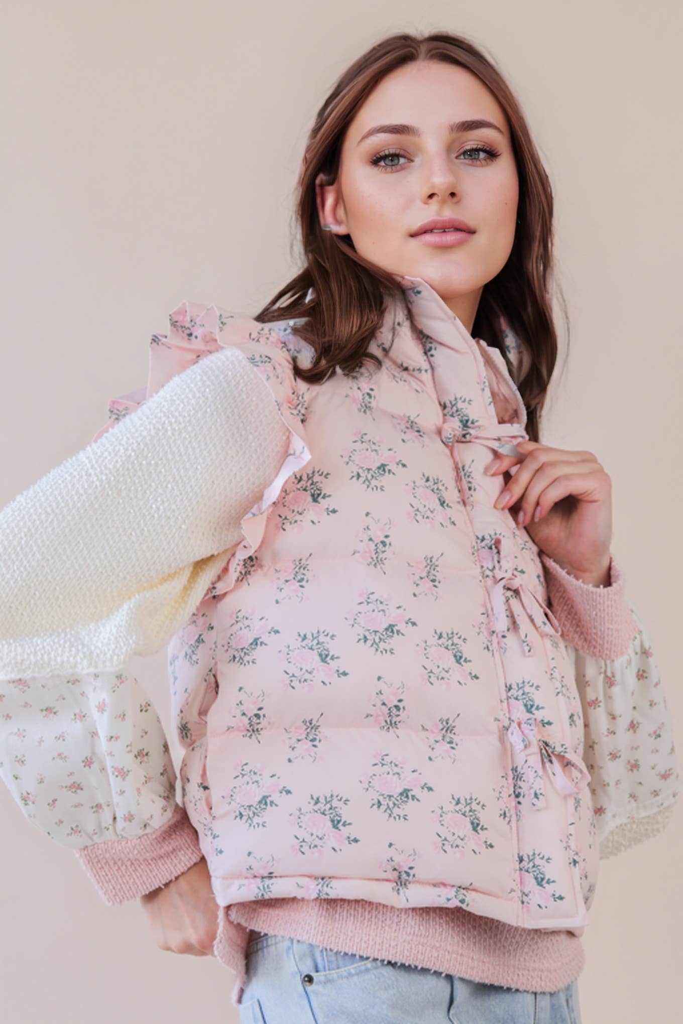 Floral Bow Ruffle Sleeve Puffer Vest