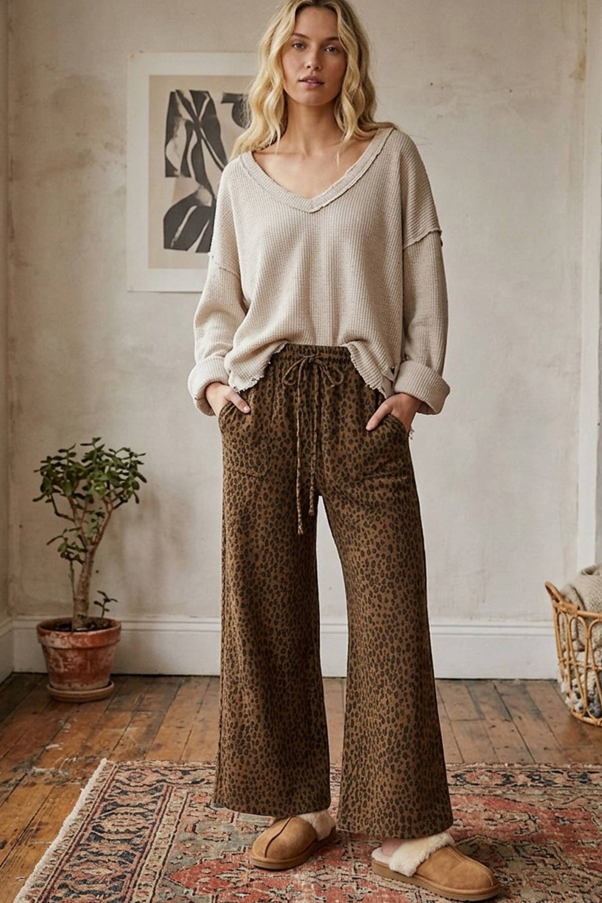 Leopard Wide Leg Drawstring Pants