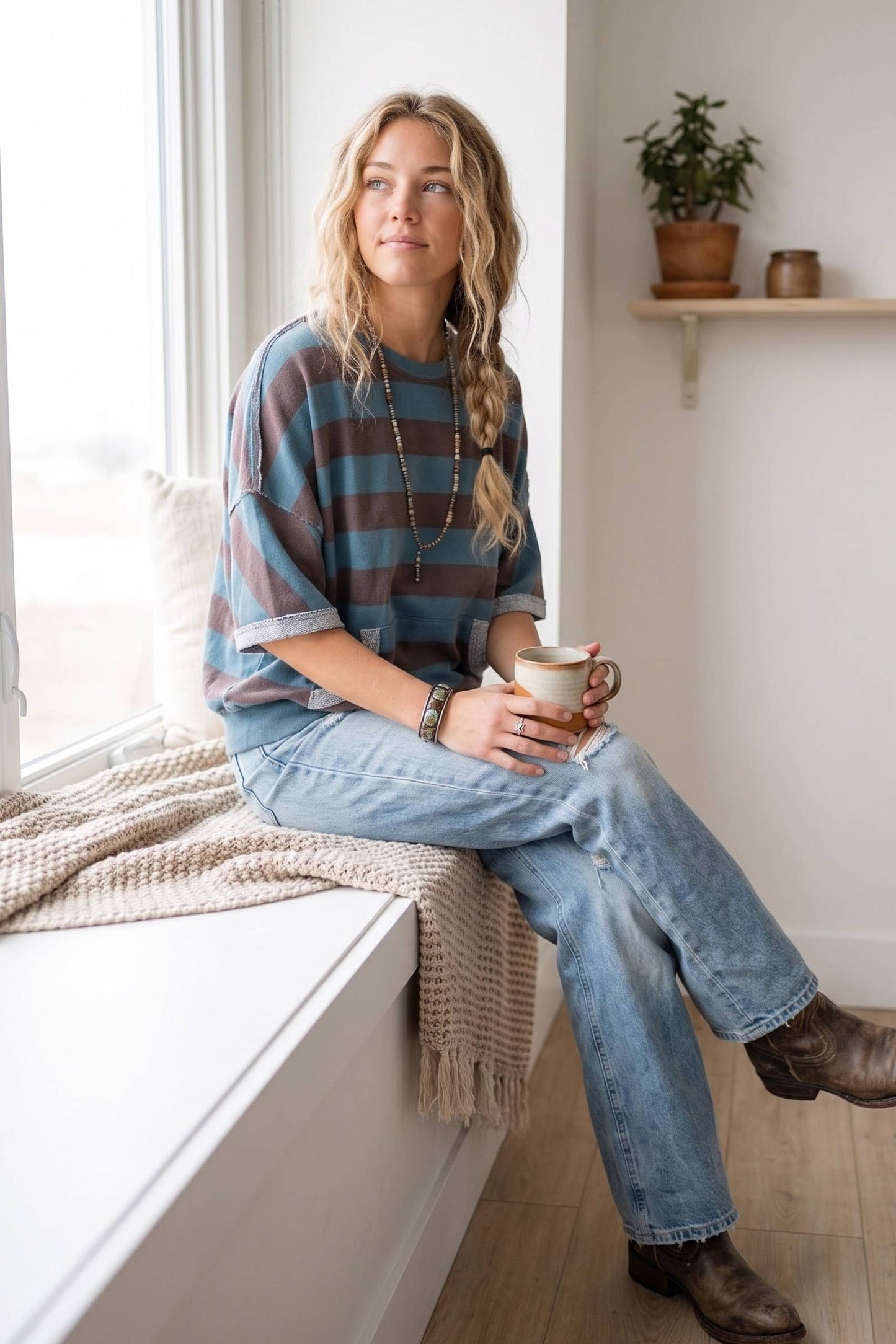 Oversized Stripe Terry Sweatshirt Top