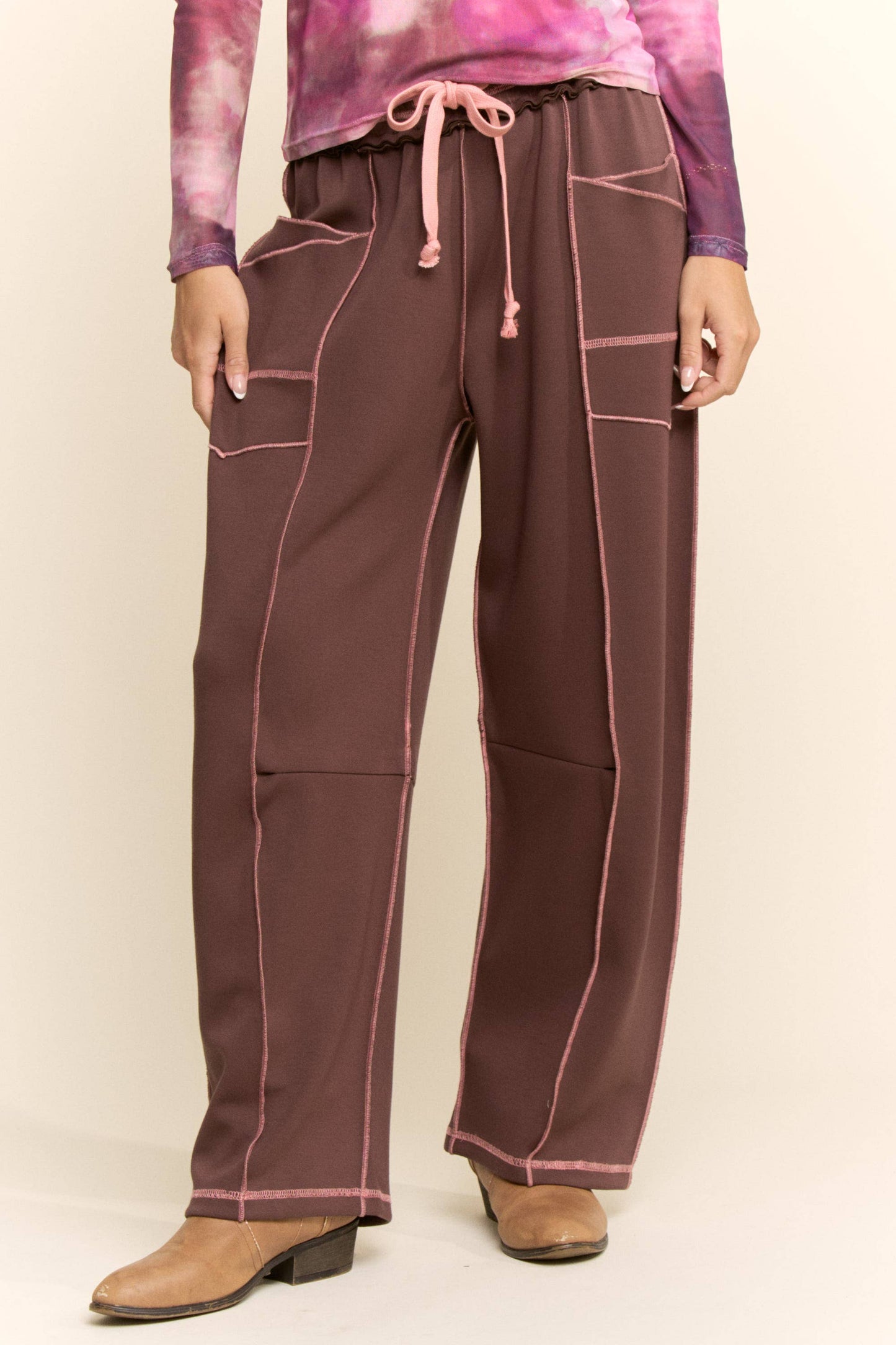 Mocha with Pink Trim Barrel Pants