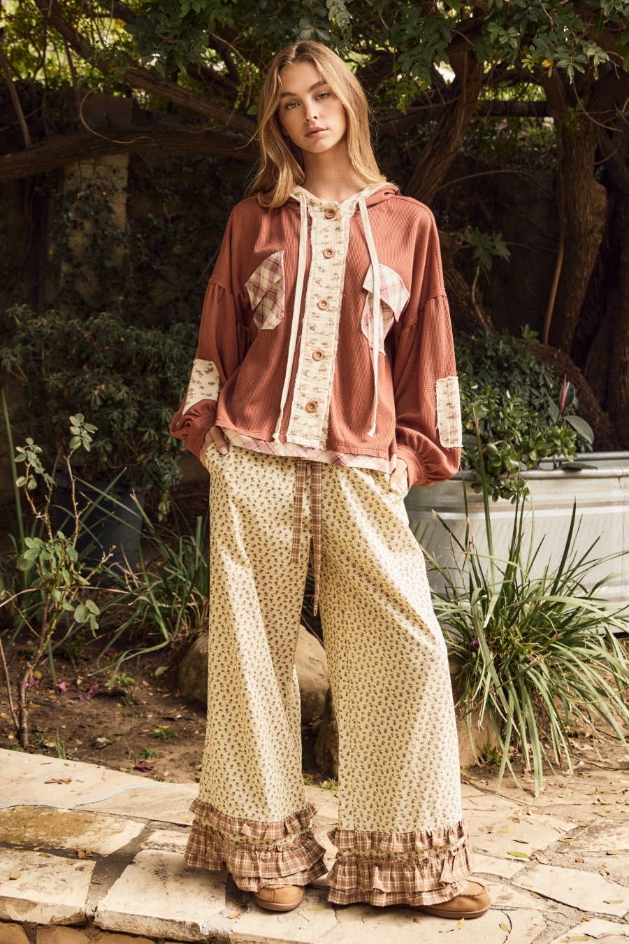 Vintage Floral Print Wide Ruffle Leg Pants