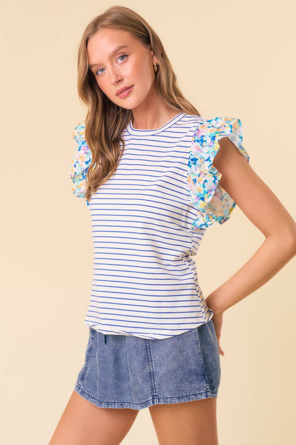 Daphne Ruffle Cap Sleeve Stripe & Floral Mixed Top