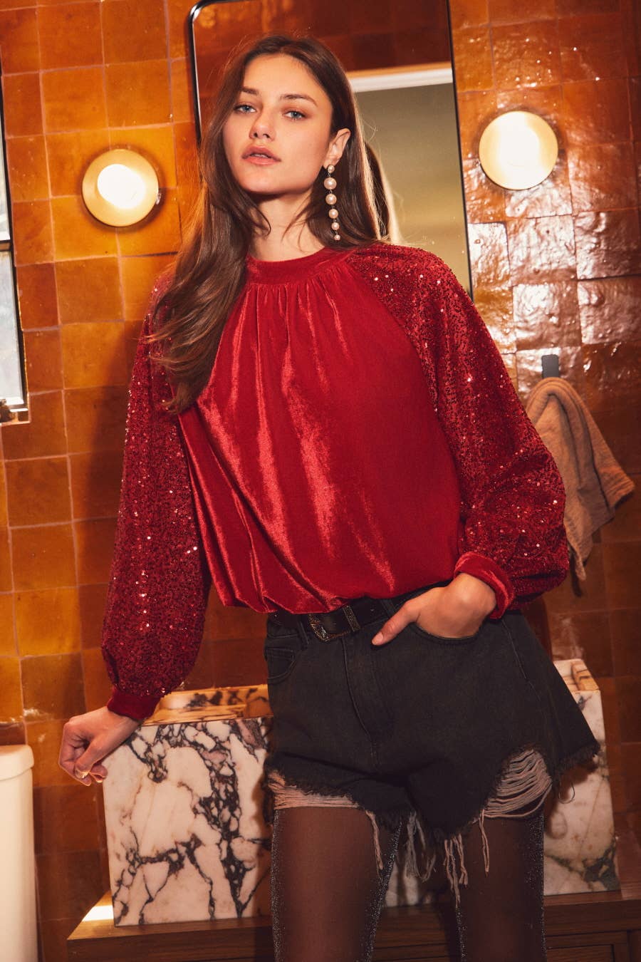 Velvet Sequin Sleeve Blouse