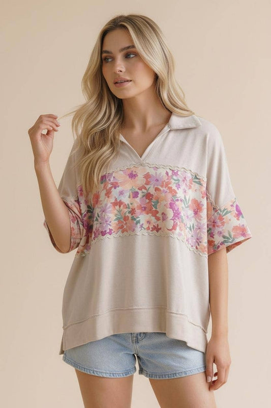 Floral Color Block Ric Rac Plus Top