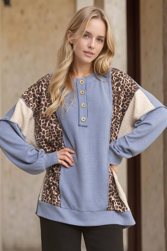Jill Animal Contrast Henley Plus Top