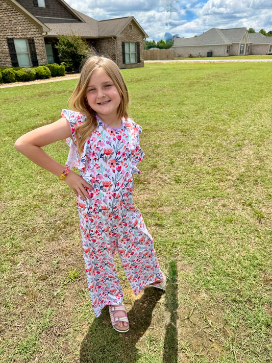 Girls Petulia Floral Angel-Sleeve Jumpsuit - Milly's Boutique