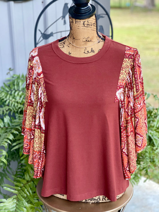 Paisley Patchwork Flutter Sleeve Top - Milly's Boutique