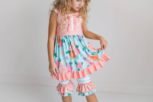 Peach & Teal Floral Stripe Ruffle Lace Pocket Capri Set - Milly's Boutique