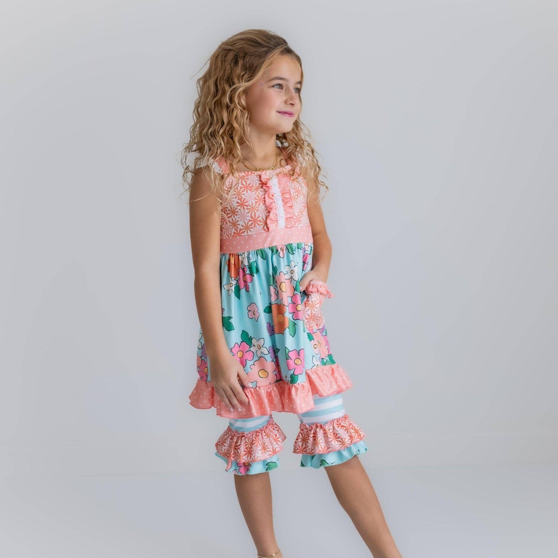 Peach & Teal Floral Stripe Ruffle Lace Pocket Capri Set - Milly's Boutique